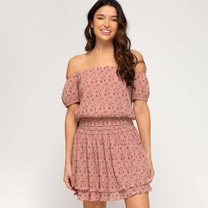 She + Sky Floral Chiffon Off the Shoulder Skirt Set